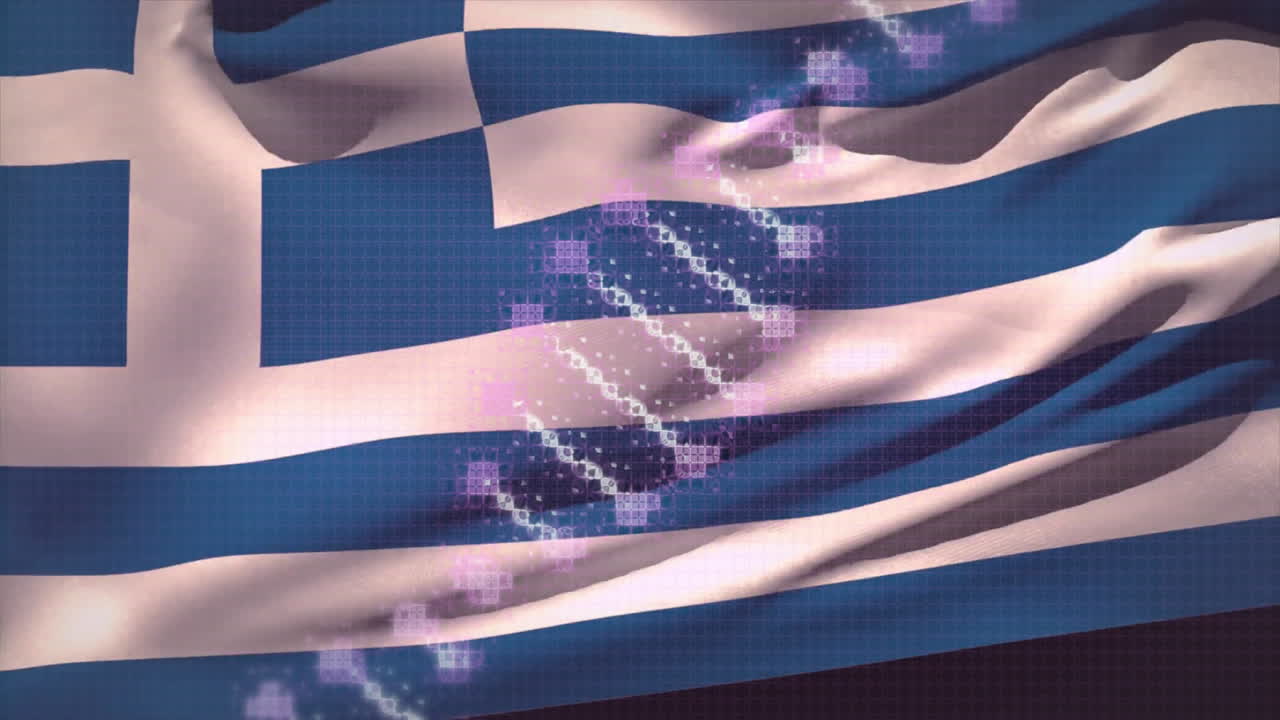 Greek flag waving with digital data animation overlay in background
