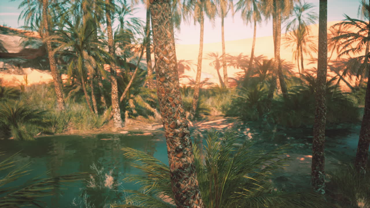 사막의 해가 지는 오아시스