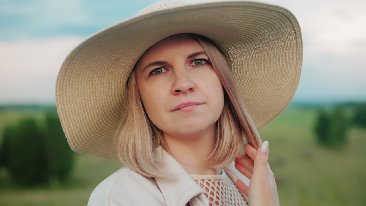 mujer confiada con sombrero de sol estirando su cabello mientras mira atentamente a la distancia, el fondo borroso presenta vastas tierras de cultivo, árboles y cielo abierto