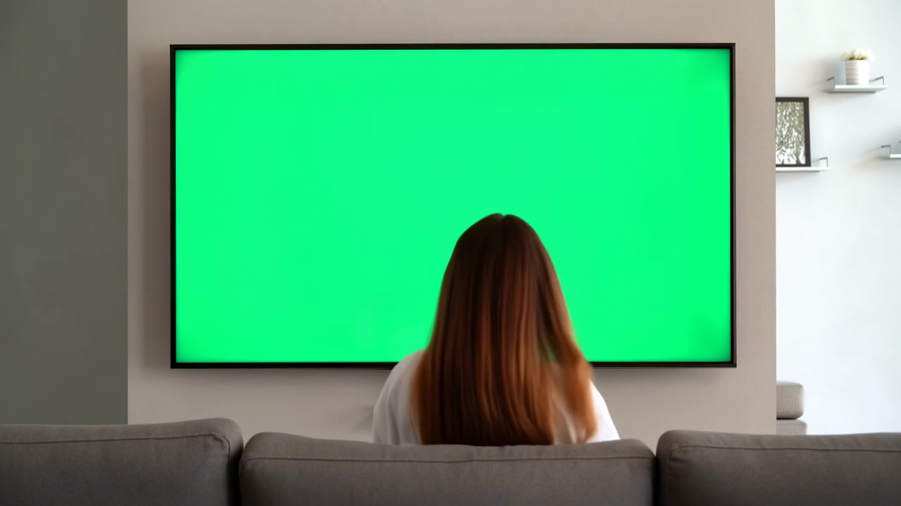 Caucasian Woman Approaching Green Television Screen In Modern Living Room, Wearing White Shirt And Jeans,