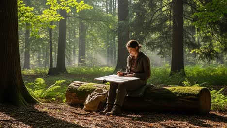 a nature enthusiast captured in the forest, delicately sketching the beauty and serenity of the surroundings, bathed in soft morning light and surrounded by lush greenery