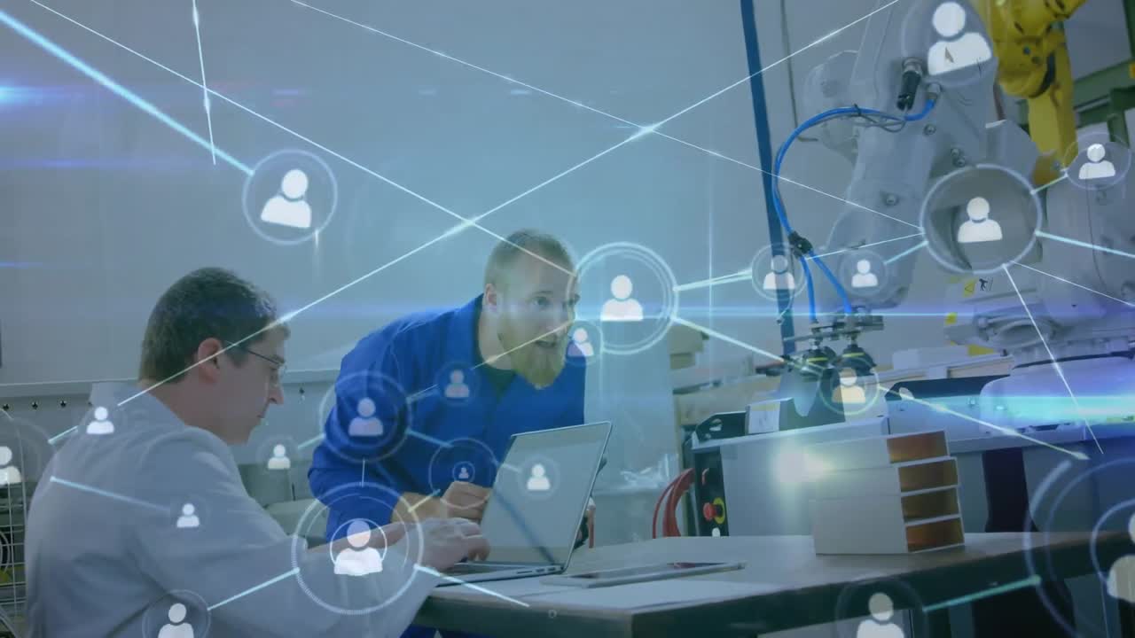 컴퓨터 하드웨어를 수리하는 백인 남성들에 대한 연결 네트워크의 애니메이션