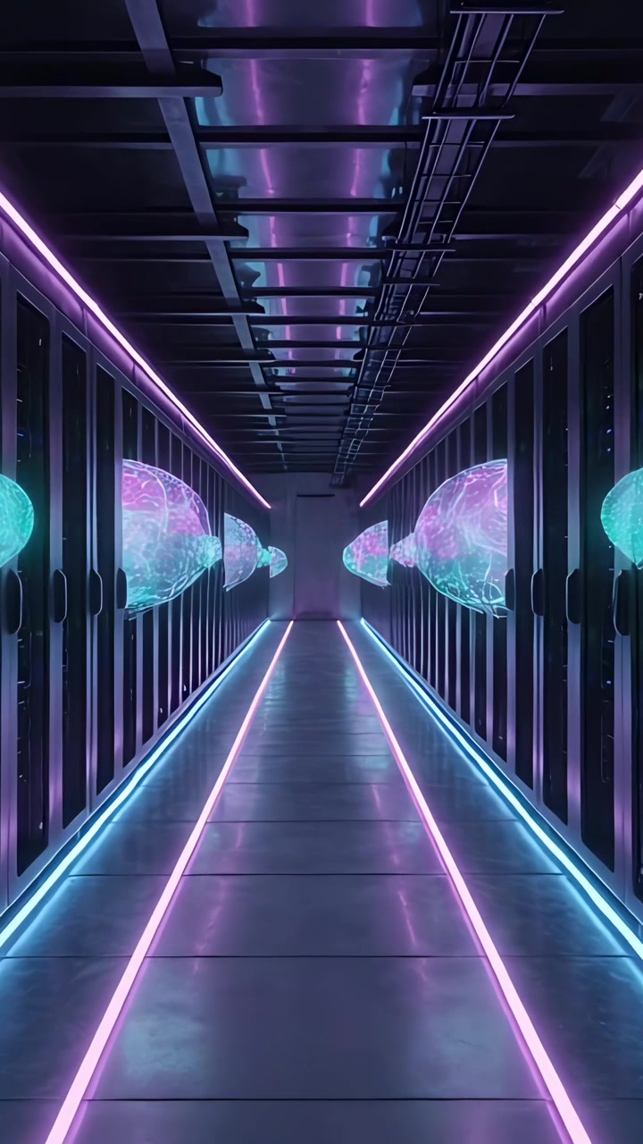 Video verticale: Illuminazione del pavimento centrale mentre il sistema si avvia, con rack di server allineati con LED al neon e ologrammi.