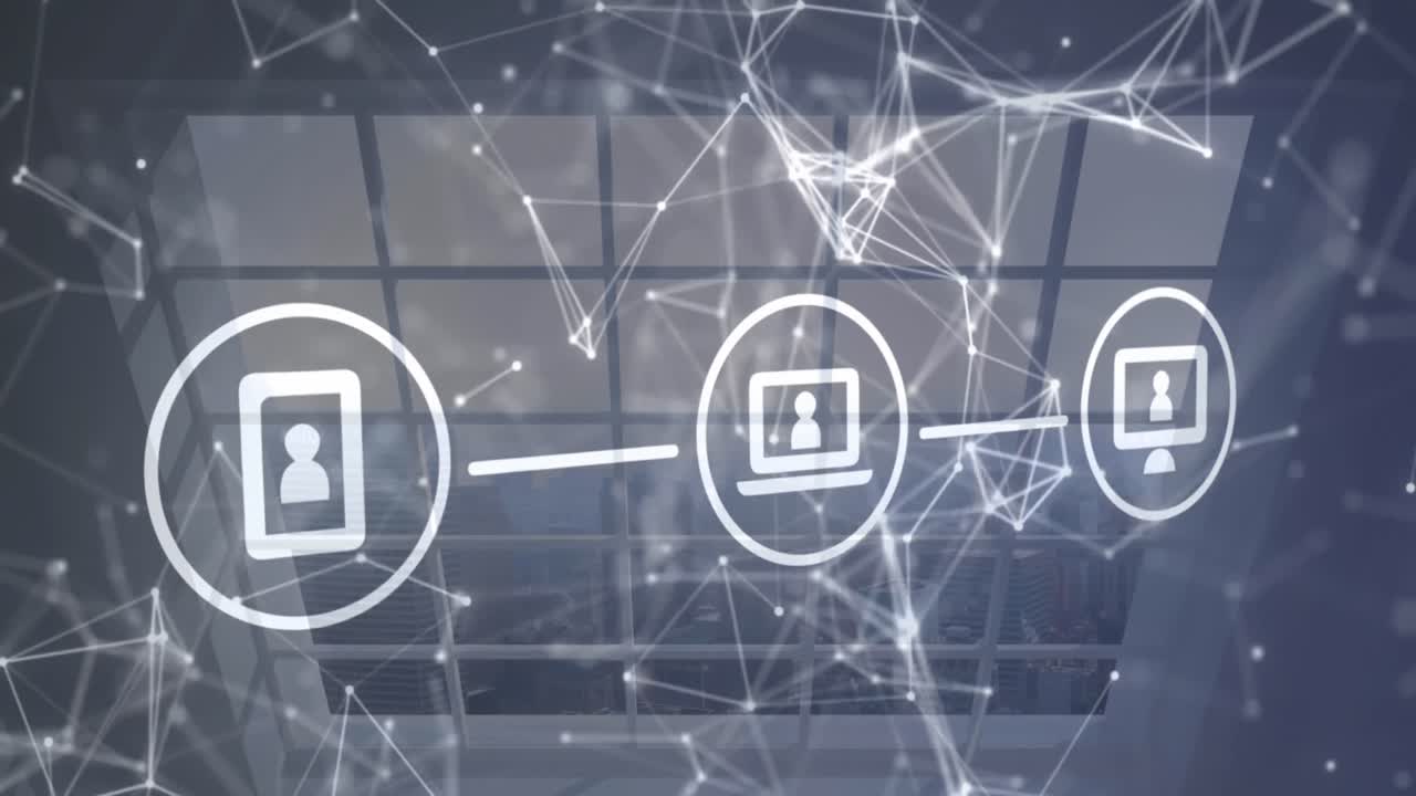 animación de la red de conexiones e íconos digitales frente a la vista del paisaje urbano desde la ventana de la oficina.