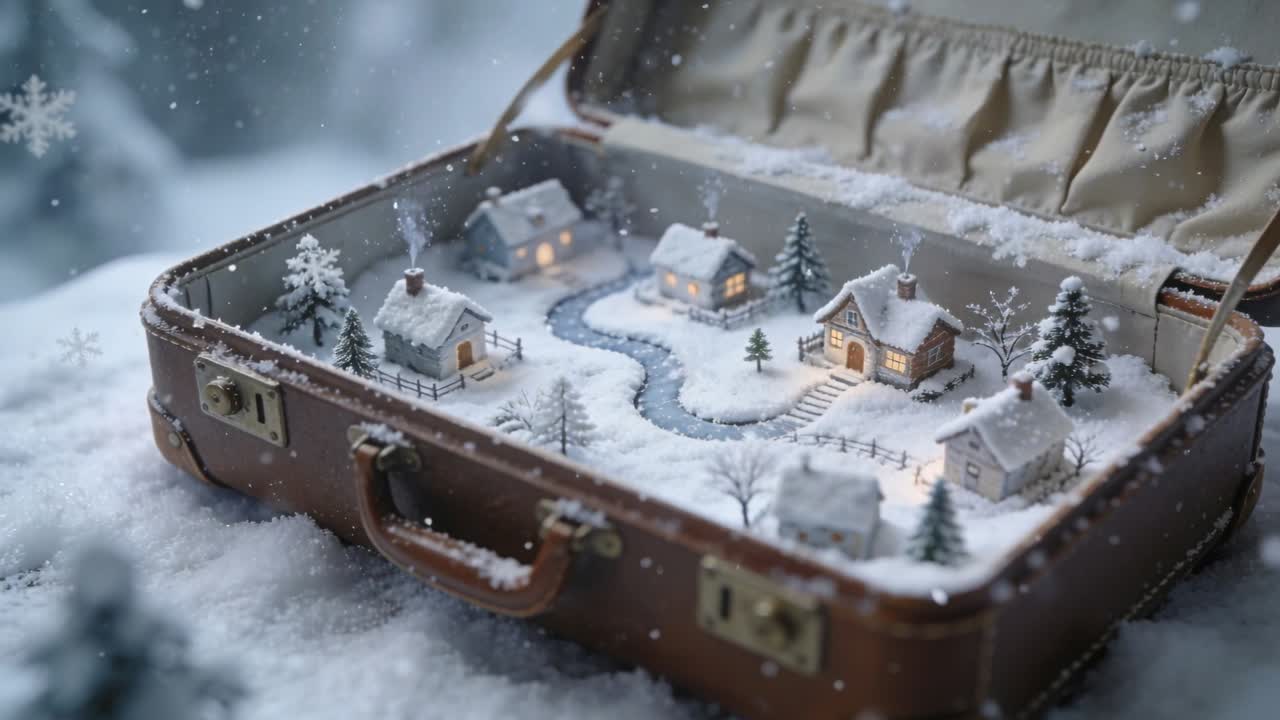 Snow starting dusting open leather suitcase holding mini winter village on snow, with lit windows