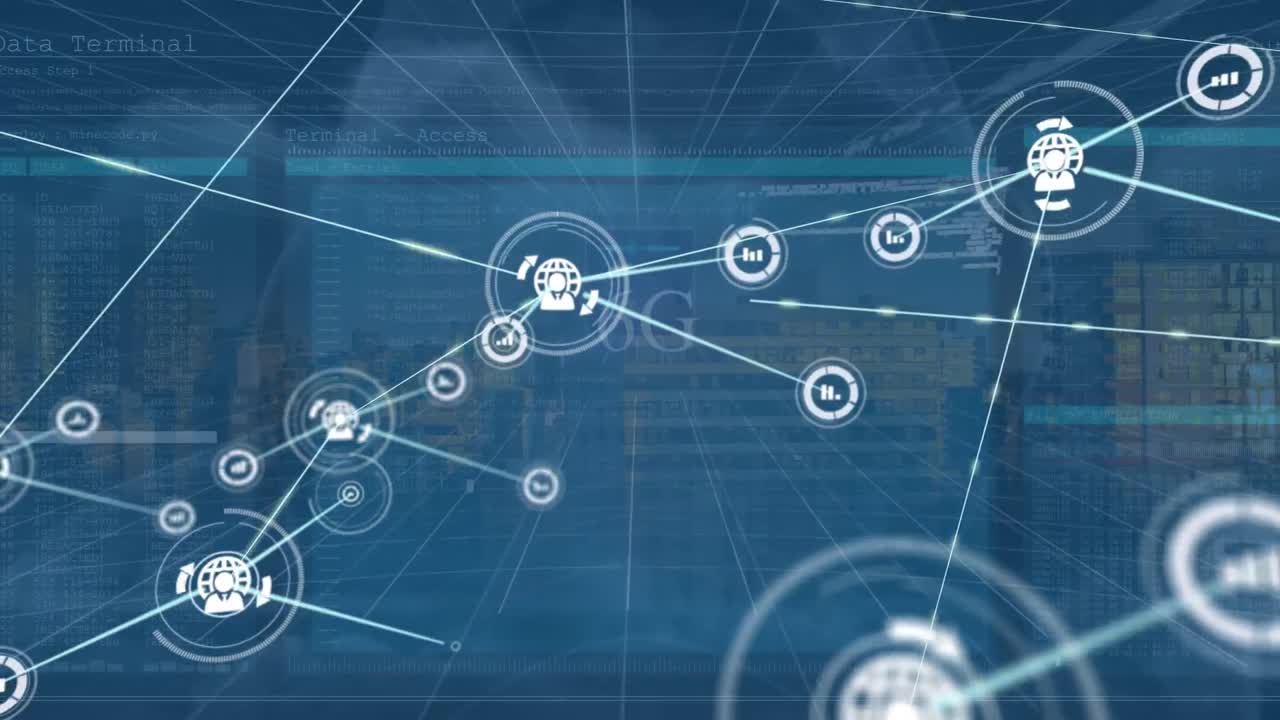 animación de la red de iconos de perfil que se conectan con líneas contra el paisaje urbano