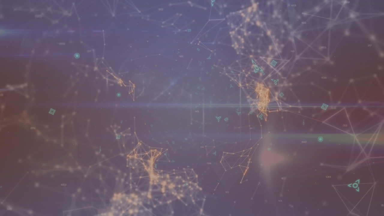 animación de iconos y puntos conectados que forman formas contra un fondo abstracto.