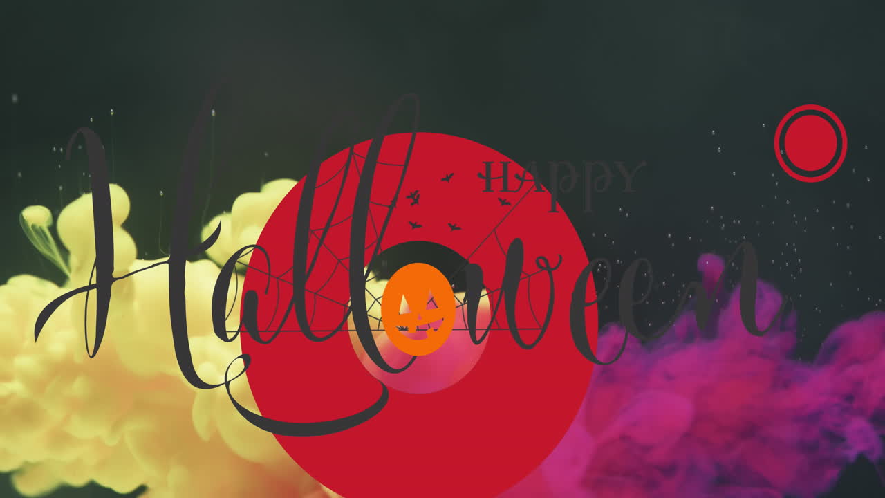 animación de texto feliz de halloween y calabaza sobre fondo rosa, amarillo y negro