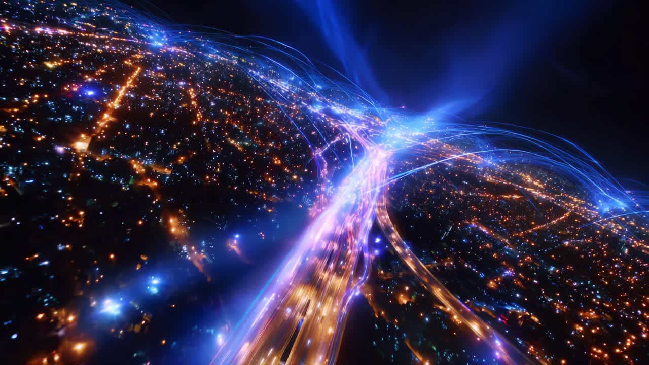 Captivating Aerial View of a Night Cityscape with Radiant Light Trails Intertwining Over Busy Roads, Illuminated Streetlights and Urban Elegance Depicting Vibrant Energy and Motion in the Dark Sky