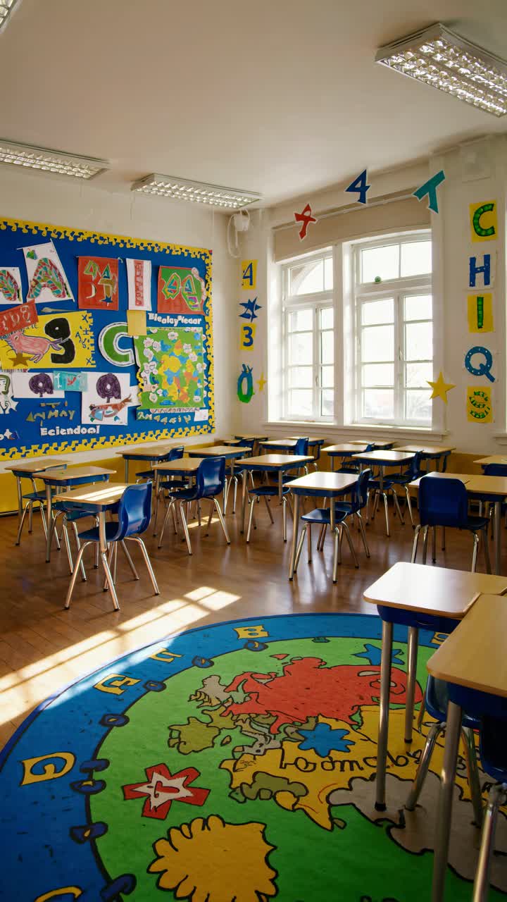 Bright classroom with colorful decor, viewed from a low angle