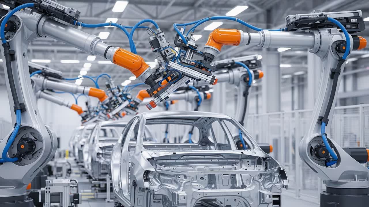 Advanced Robotics in Automotive Manufacturing: A High-Tech Assembly Line Showcasing Precision Engineering and Innovative Technology in Vehicle Production