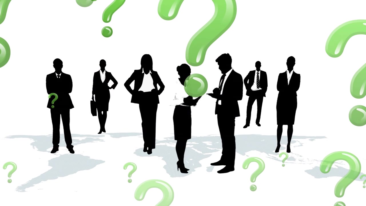 Animation of question marks over people silhouettes on white background