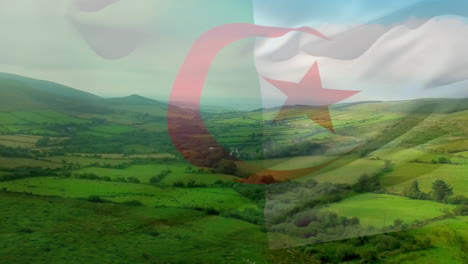 animation of flag of algeria blowing over green landscape