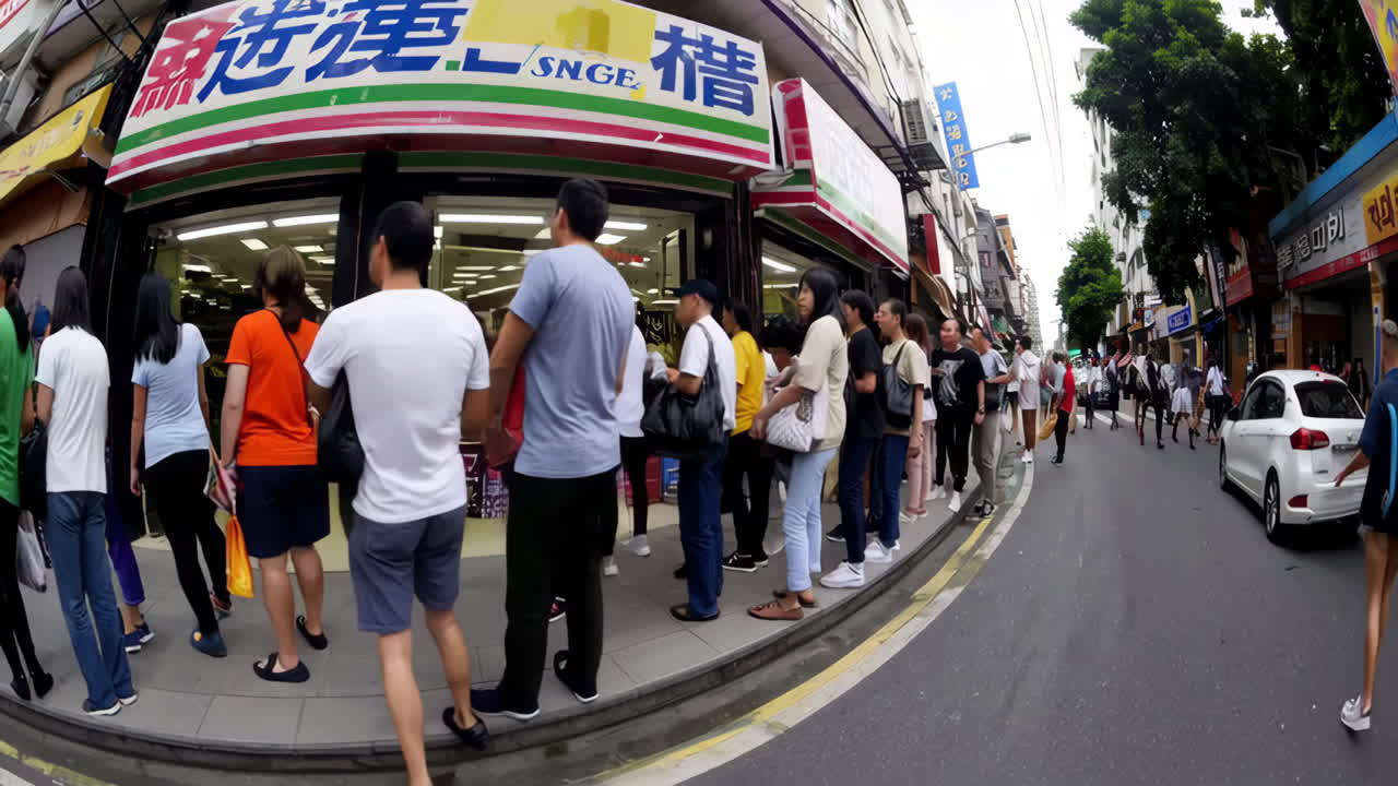 People queueing outside a busy storefront on an urban street