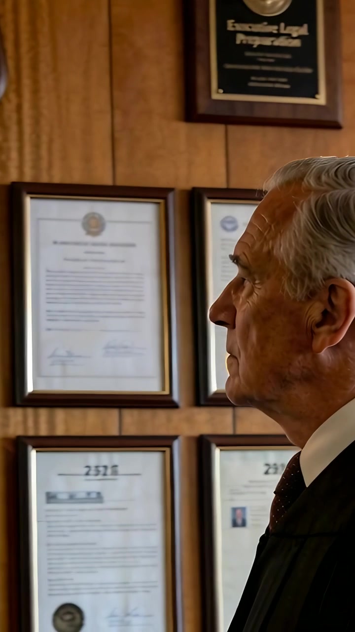 Vertical video: Entering from right judge in robe walking along wood wall with diplomas, copy space