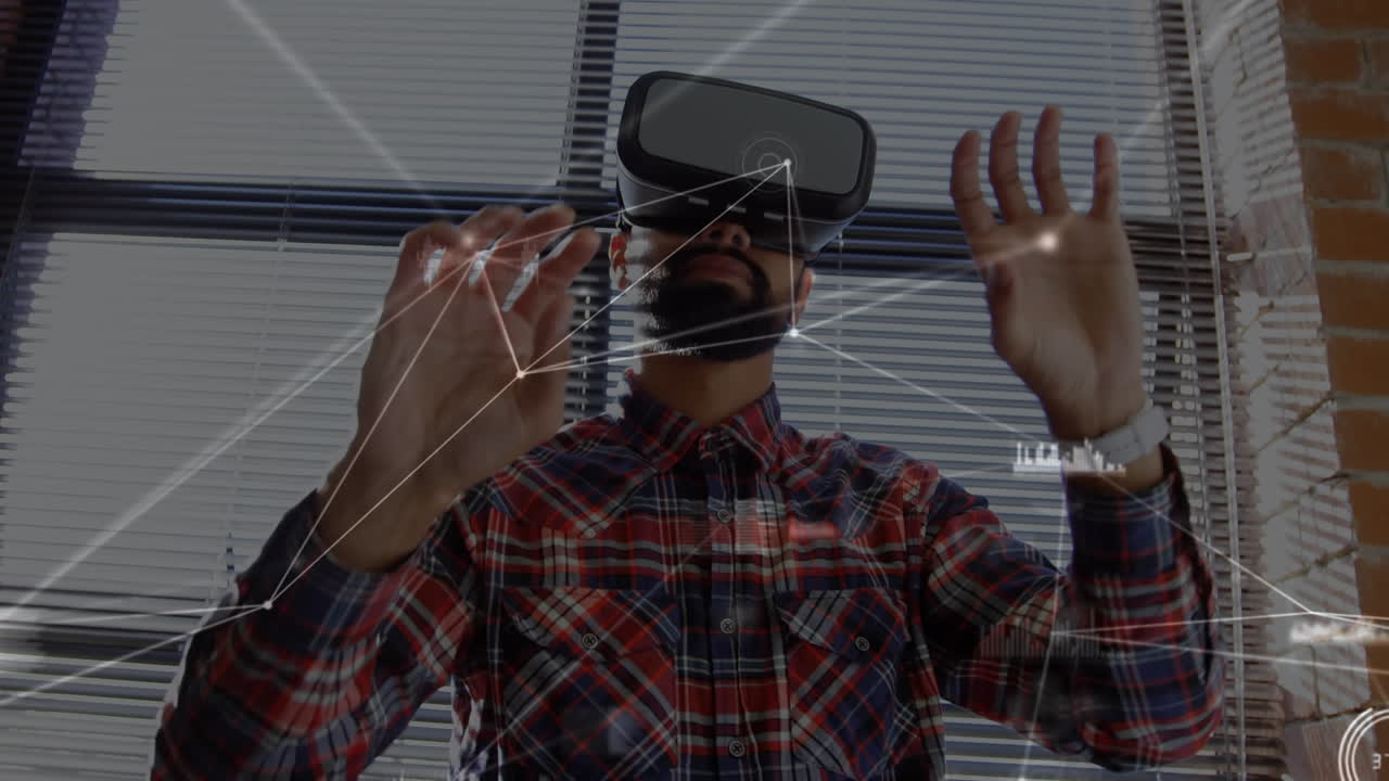 Animation of network of connections over man wearing vr headset
