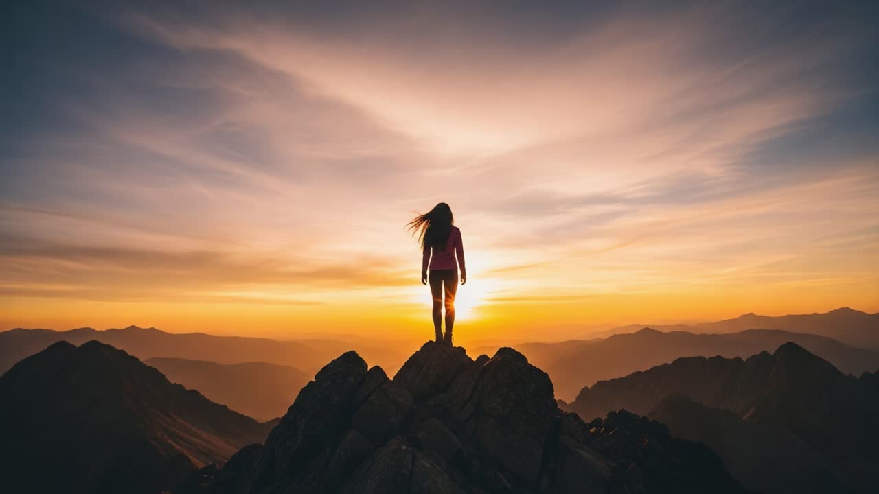 A solitary figure stands triumphantly atop a rugged mountain peak, silhouetted against a breathtaking sunset that paints the sky with vibrant hues of orange and purple