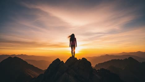 a solitary figure stands triumphantly atop a rugged mountain peak, silhouetted against a breathtaking sunset that paints the sky with vibrant hues of orange and purple