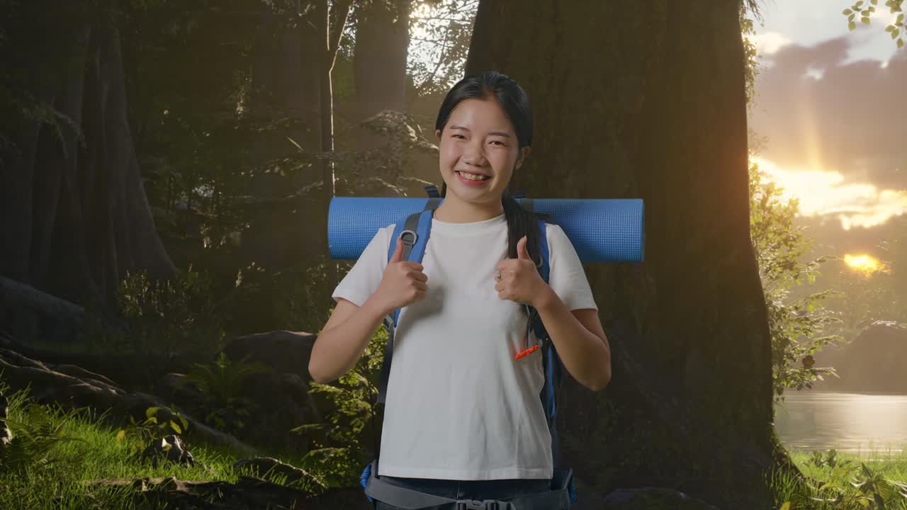 excursionista asiática con mochila de montañismo sonriendo y mostrando los pulgares hacia arriba gesto a la cámara mientras explora la naturaleza del bosque