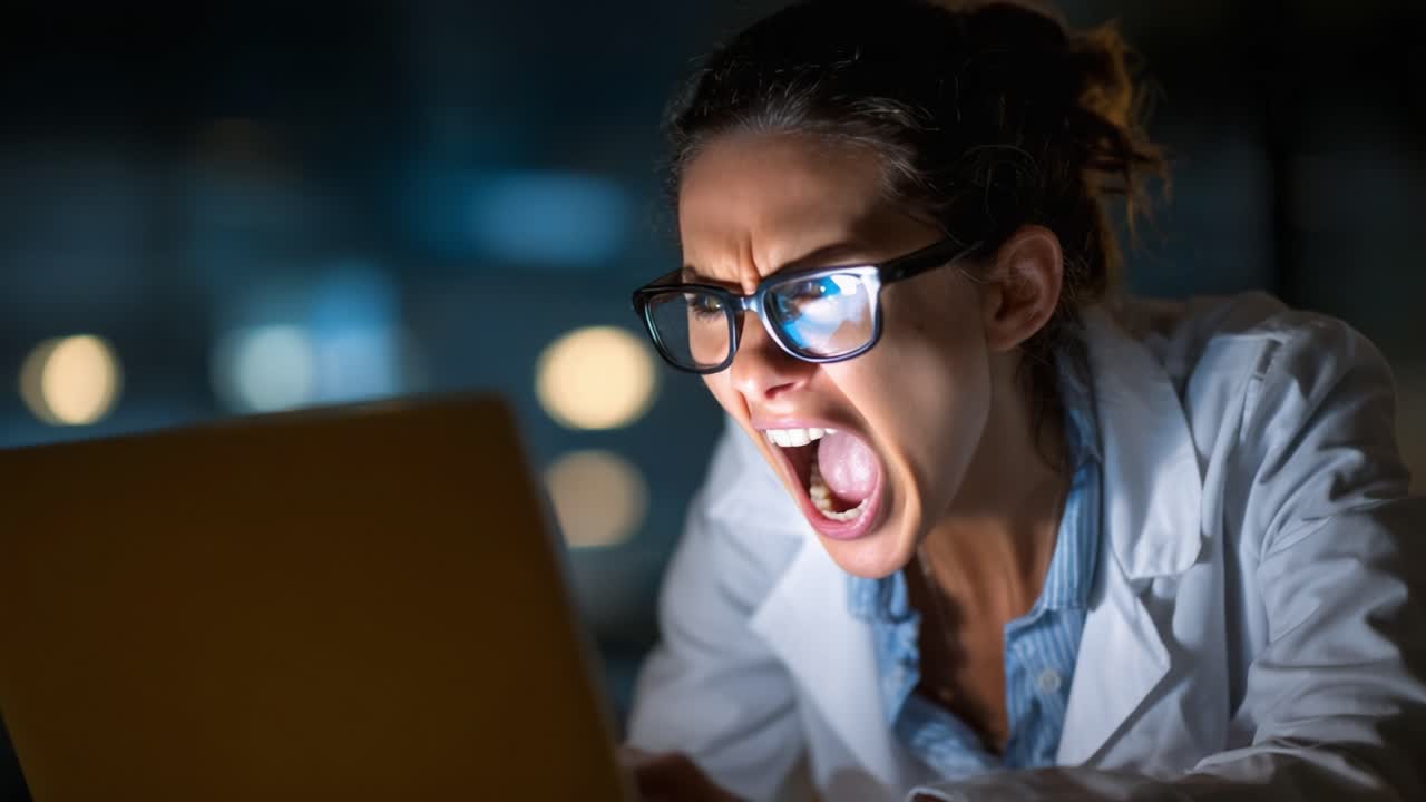 An Intensely Frustrated Professional Engaged in a Tense Interaction with a Laptop While Struggling to Resolve a Challenge in a Dimly Lit Environment