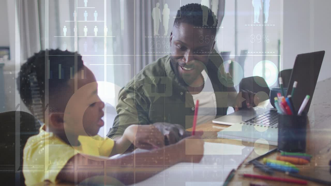 Father leaning and guiding son's pencil for learning while typing, HUD overlays tracking red marks