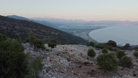 Revealing-drone-shot-from-a-hill-full-of-ancient-Lykia-ruins-towards-Finike,-a-seaside-town-in-Turkey