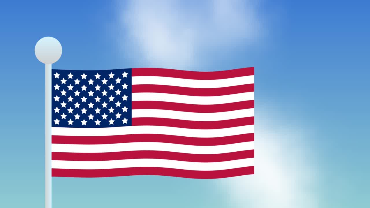 la bandera nacional estadounidense ondeando en el viento con el cielo azul y las nubes.