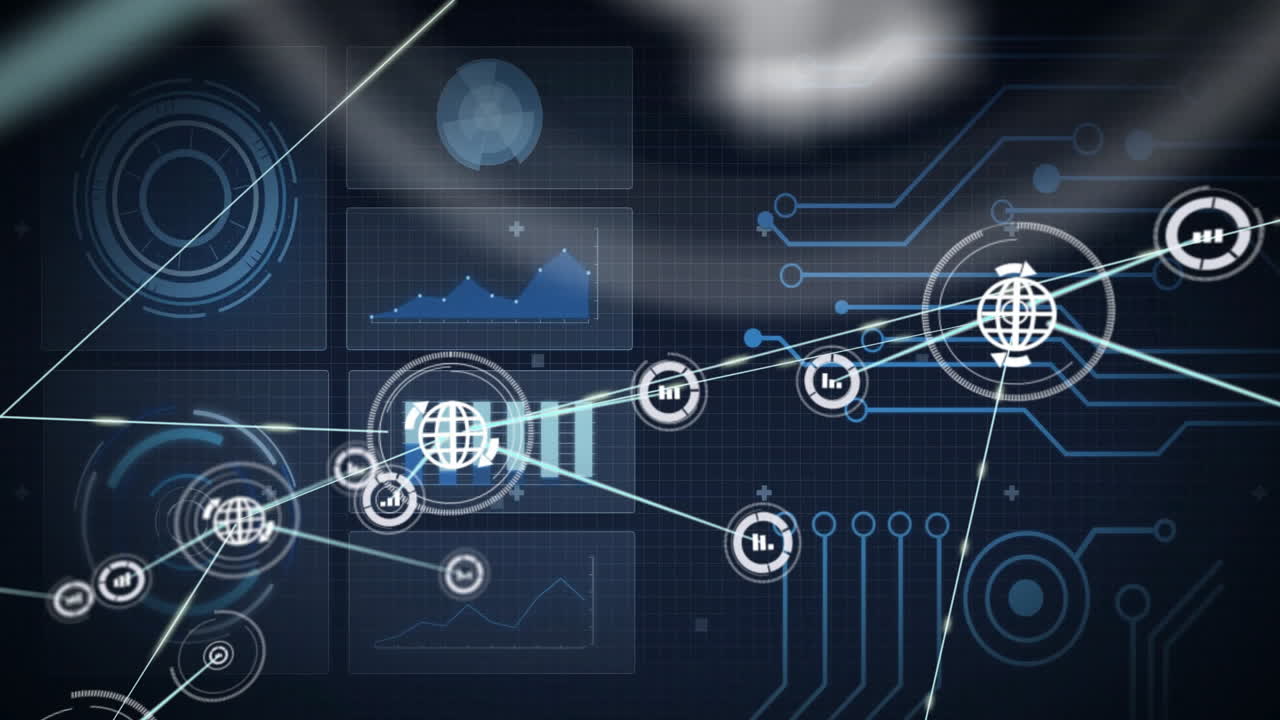 Network of connections and data processing animation over digital graphs and charts
