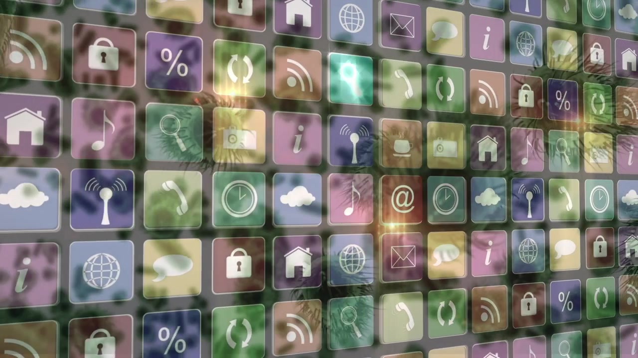 Animation of squares with tech icons moving over virus cells