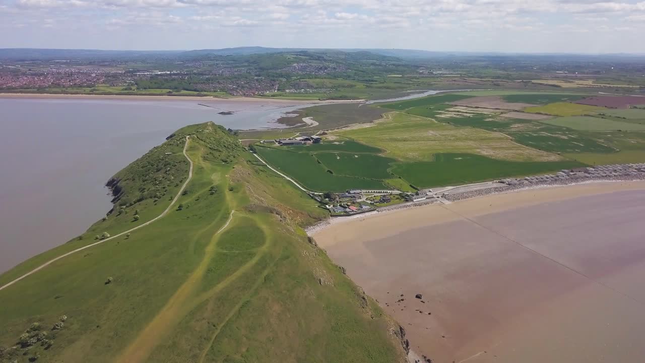 Aerial view of Brean Down hill and beach in Burnham on sea Somerset England.