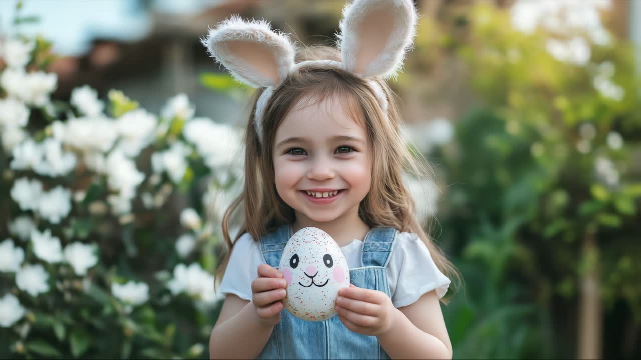 Cheerful girl in bunny ears is holding a colorful Easter egg in a lush garden, surrounded by blooming flowers, capturing the essence of holiday joy and innocence