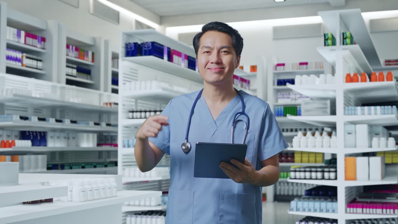 약국 에 서 있는 동안 손 에 태블릿 을 가리키는 스테토스코프 를 들고 있는 아시아인 남성 의사
