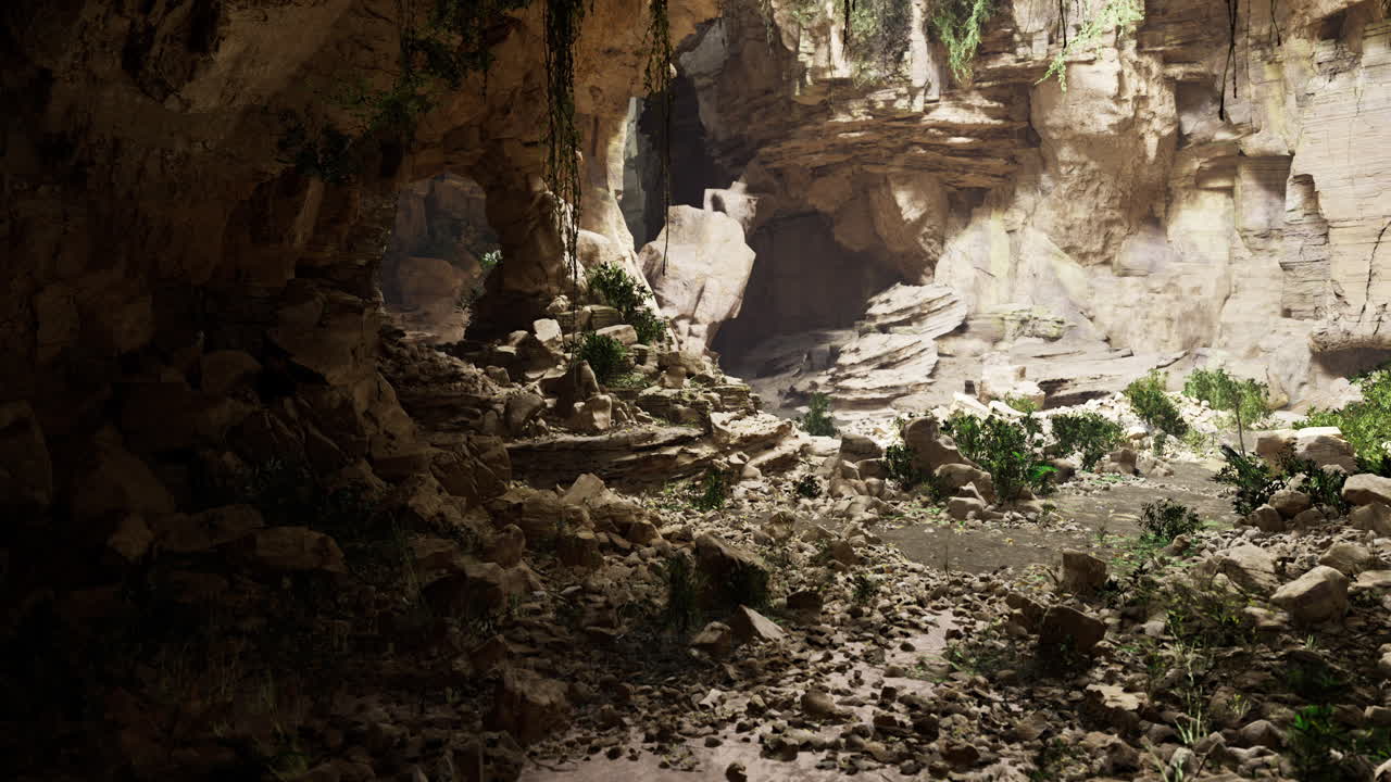 Exploring a mystical cavern with rocks and lush greenery