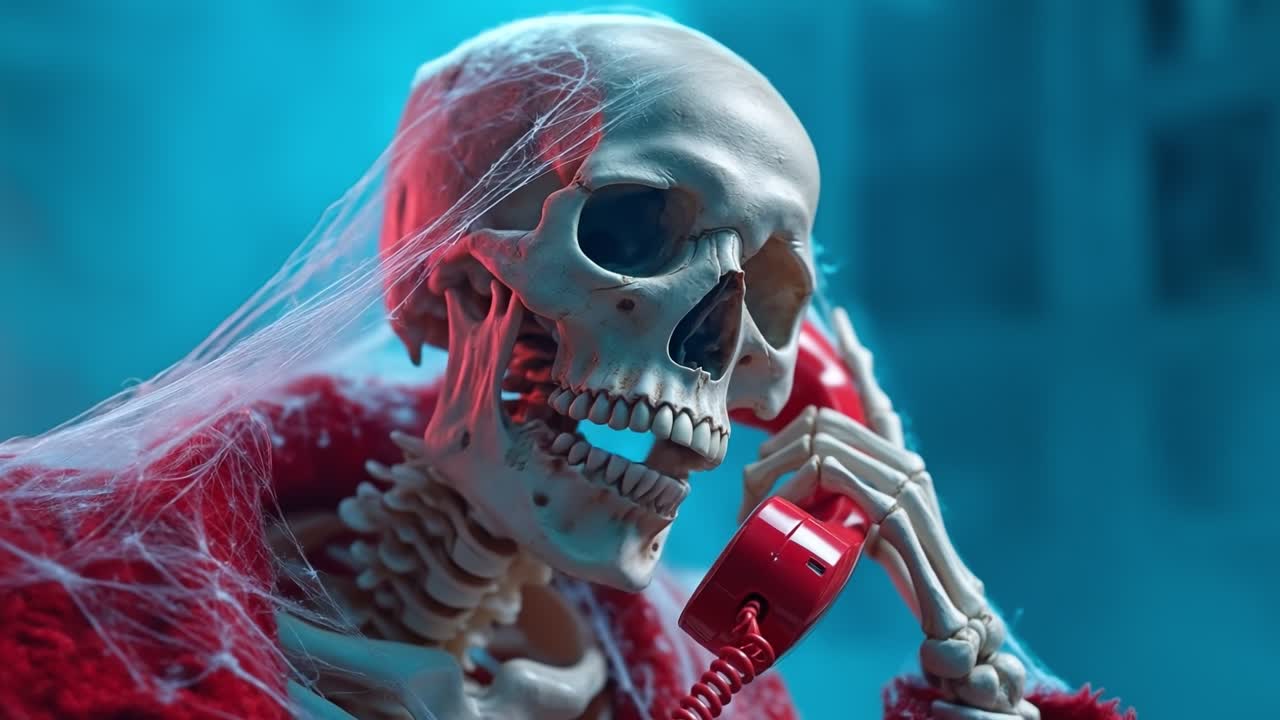 Inquadratura cinematografica di una figura scheletrica che usa un classico telefono rosso in un ambiente scuro, misterioso e suggestivo