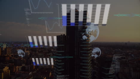 animación del procesamiento de datos frente a una vista aérea del paisaje urbano
