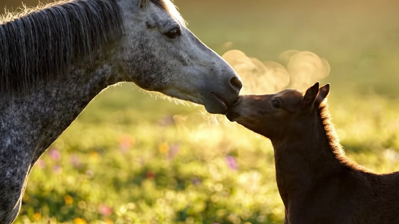 A Heartwarming Moment Between a Mare and Her Foal: Capturing the Bond of Love and Connection in a Sunlit Meadow