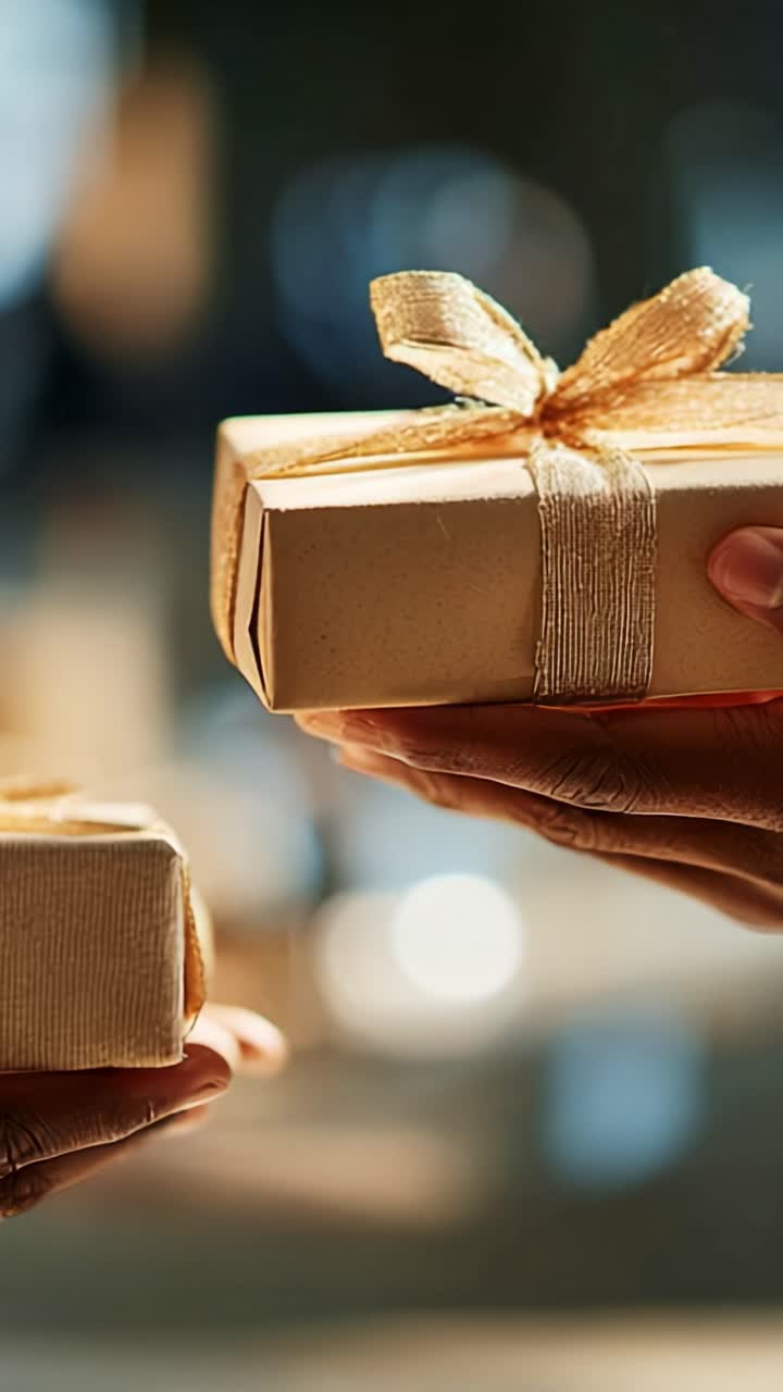Due mani che si scambiano confezioni regalo avvolte in un nastro dorato, catturando lo spirito di festa e generosità in una calda atmosfera di aspettativa e gioia