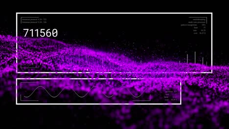 Animations of digital interface and purple wave on dark background