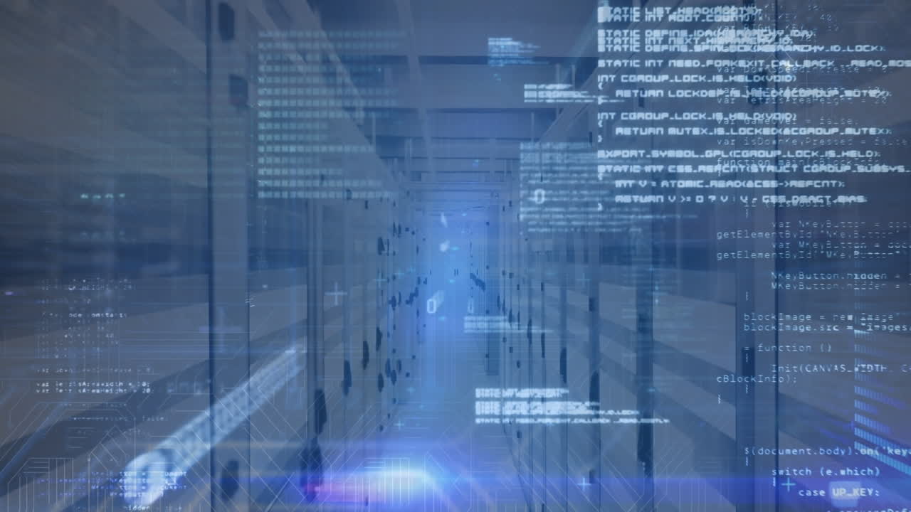 Animation of computer language and binary codes over lens flares against server room