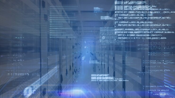 Animation of computer language and binary codes over lens flares against server room