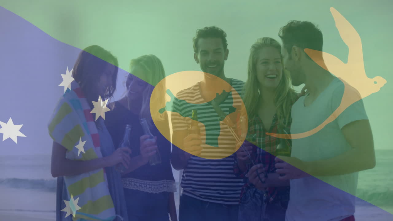 Group of friends enjoying beach with colorful flag overlay animation