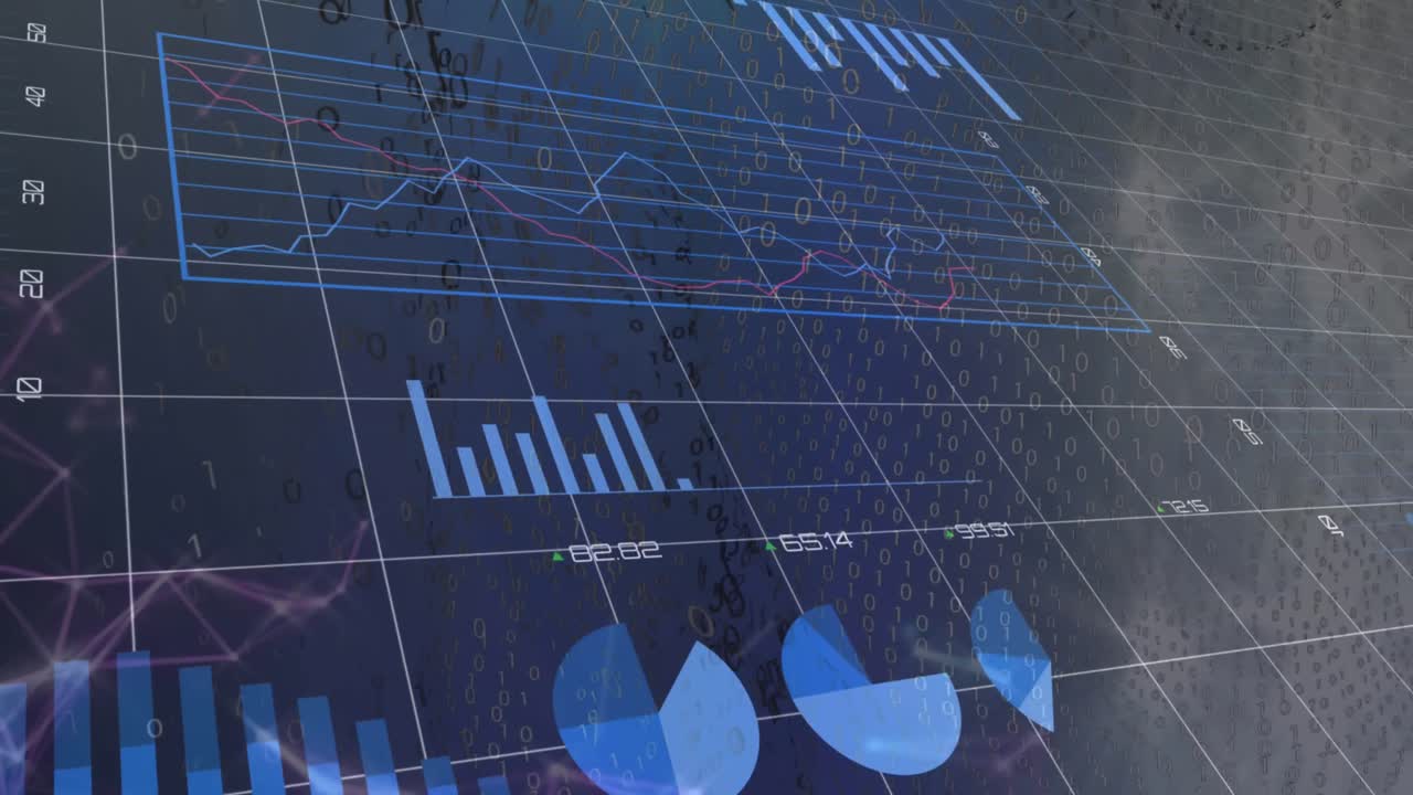 Animation of financial data processing over dark background