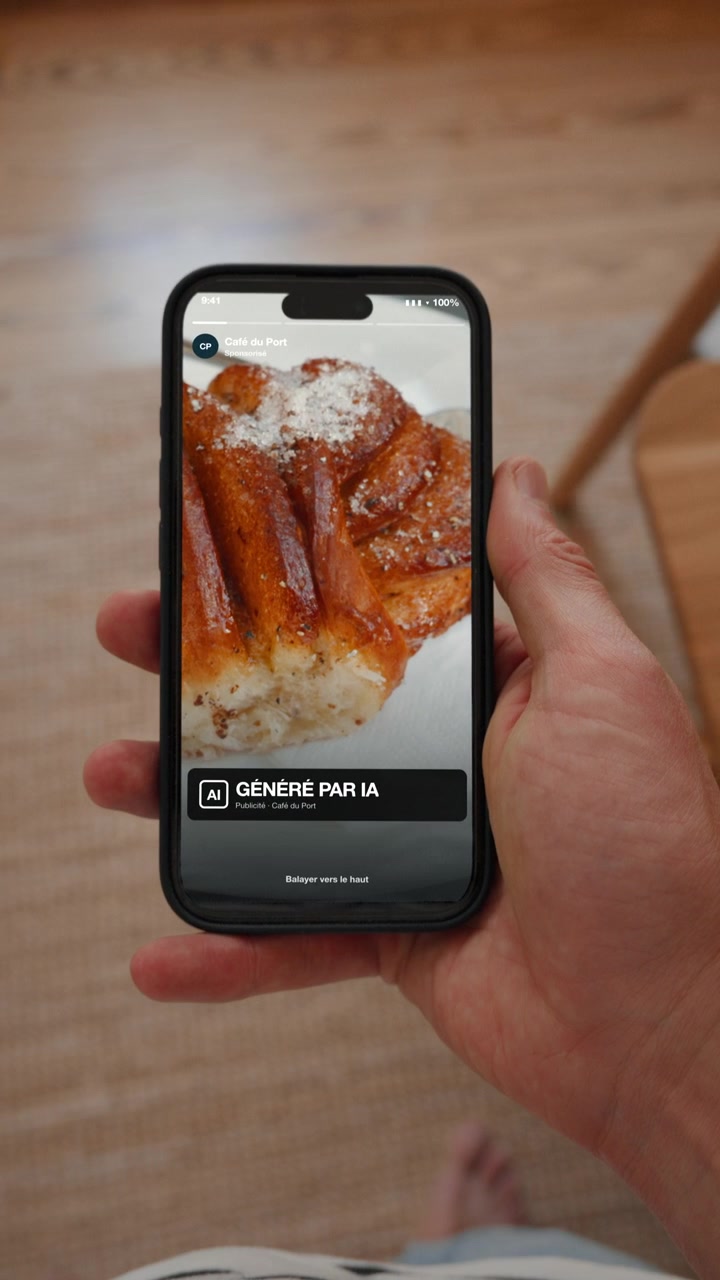 A social media story carries an overlay marking the content as generated by artificial intelligence. Point of view shot in vertical format with the phone held in the hand. Interface in French.