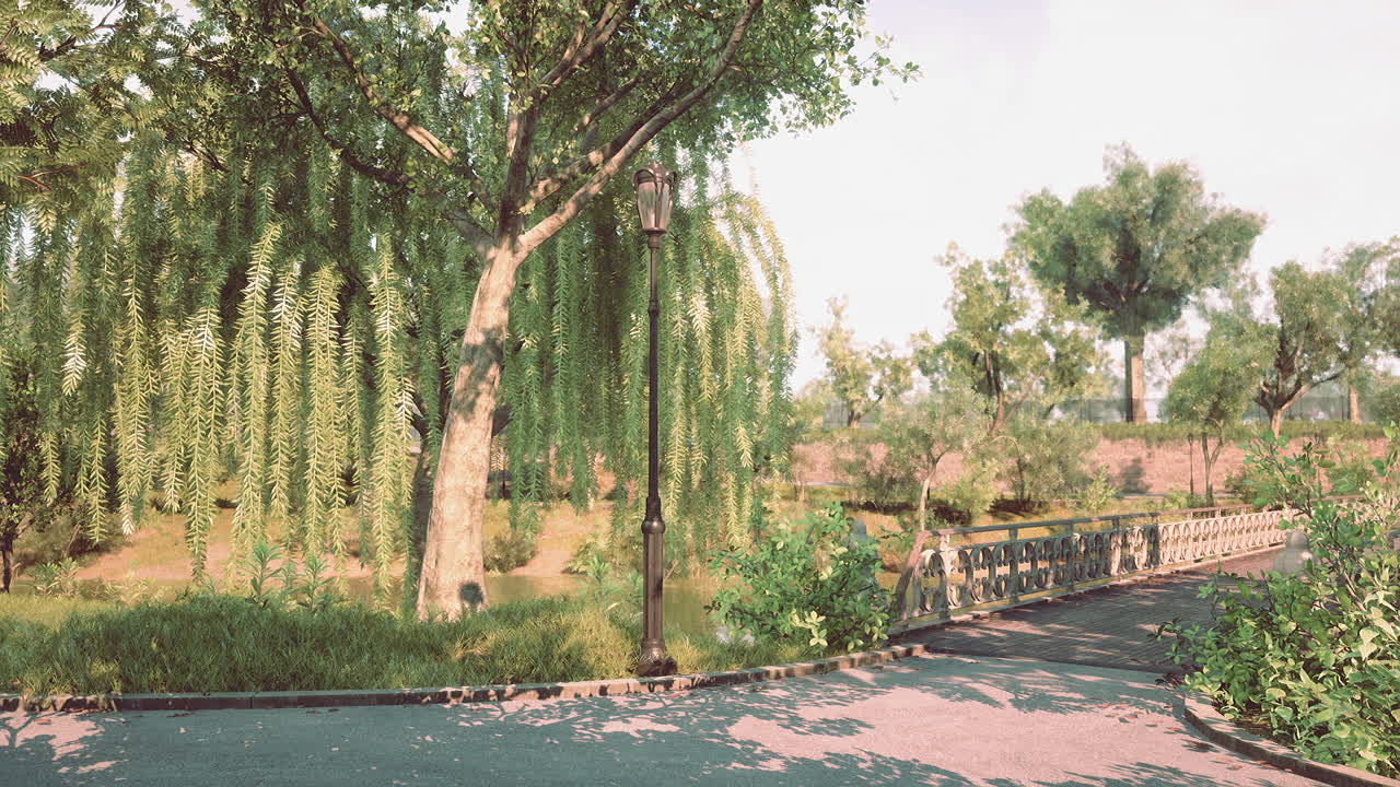 A serene park scene with willow trees and a walkway under gentle sunlight