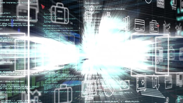 Animation of icons over data processing and light trails on black background