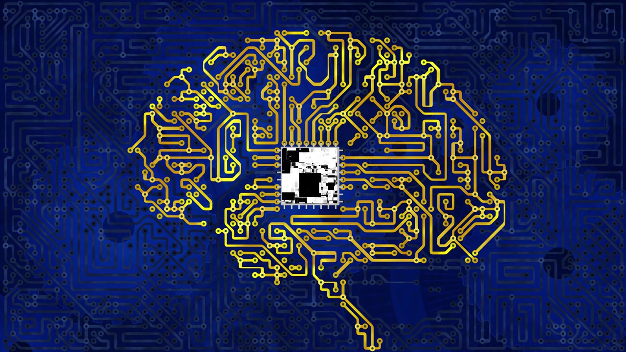 golden circuit board brain with a glitch microchip symbolizes artificial intelligence and innovation on a retro abstract blue background, loopable animation