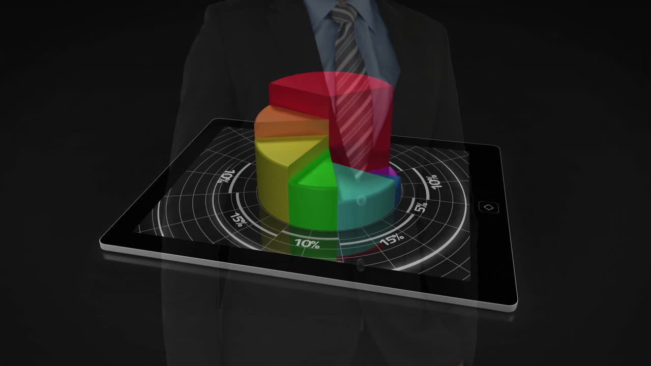 3D pie chart animation over tablet with business suit background