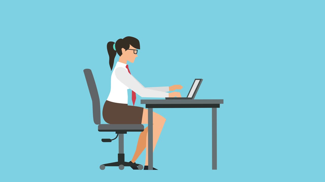 노트북에서 일하는 사업가 여성 캐릭터 루프 만화 애니메이션 고립.