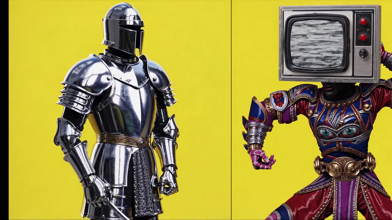 노란색 배경에 기사 갑옷과 tv 머리 캐릭터