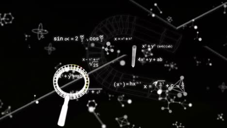 animación de iconos sobre ecuaciones matemáticas y moléculas en fondo negro